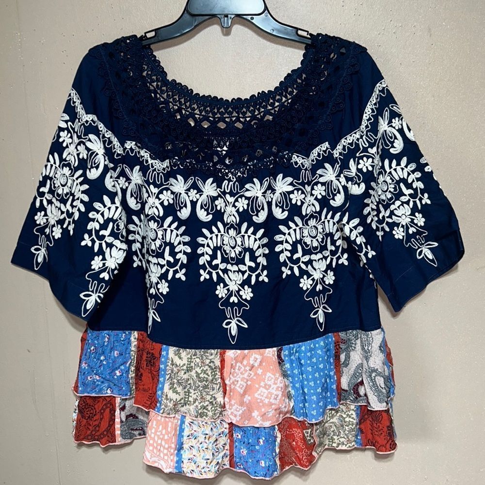 John Mark bohemian embroidery babydoll ruffle top w/ stretch lace collar size M